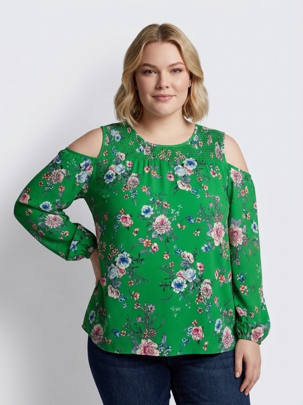 Roz and Ali open shoulder green floral 1X top